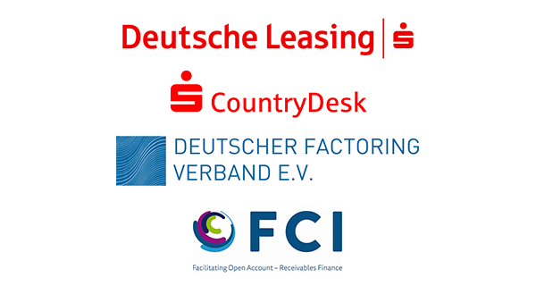 Logos of the Deutsche Factoring Bank memberships from top to bottom: Deutsche Leasing Group, Deutscher Factoring Verband e. V., S-CountryDesk, FCI