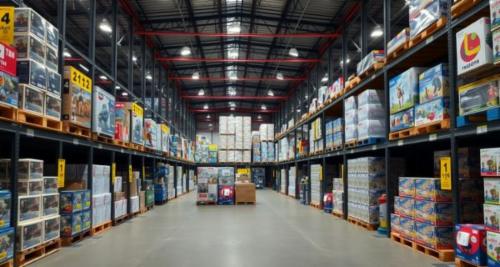 Eine gro&szlig;e Lagerhalle f&uuml;r die Spielwaren und -logistik, spezialisiert auf Gro&szlig;handelsartikel.