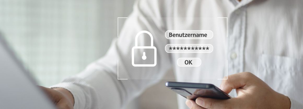 Person im wei&szlig;em Hemd sitzt vor einem Laptop und hat ein schwarzes Smartphone  in der Hand. &Uuml;ber das Bild ist ein Schloss Symbol  mit Benutzername und Passwort gelegt. Dies soll den Login Bereich zeigen.